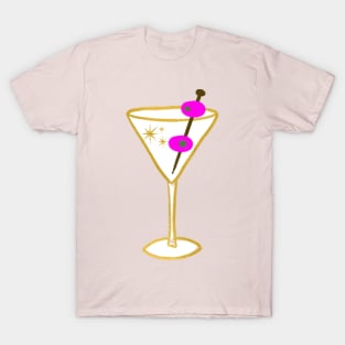 Glam Retro Faux Gold Martini Cocktail Drink Glass With two Pink Olives Illustration T-Shirt